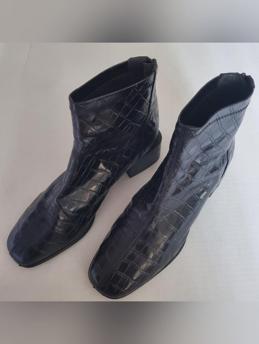 Staccato Black Croc Boots Leather Square Toe Chunky Heel Y2K Grunge Sz 8.5 EUC